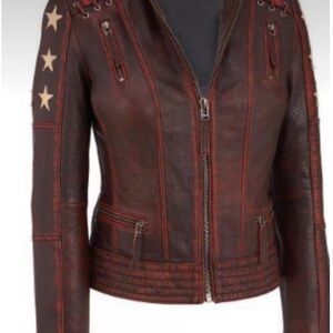 Black Rivet Brown Leather Motorcycle Jacket with Star Details